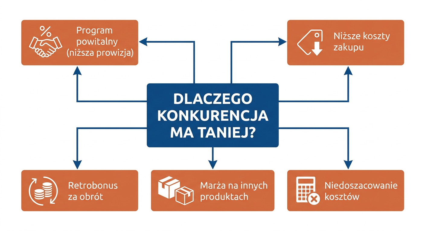 Infografika przedstawiająca powody niższych cen konkurencji na Allegro